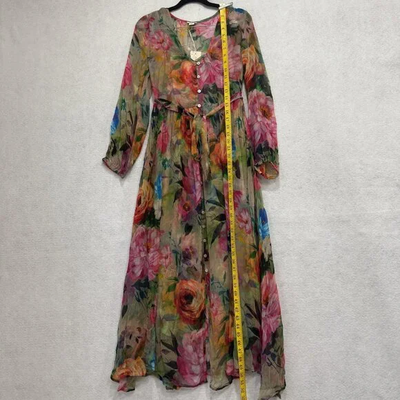 Sundance Dress Womens XS Multicolor Floral Maxi Sheer Button Front Tie Waist - Picture 2 of 8